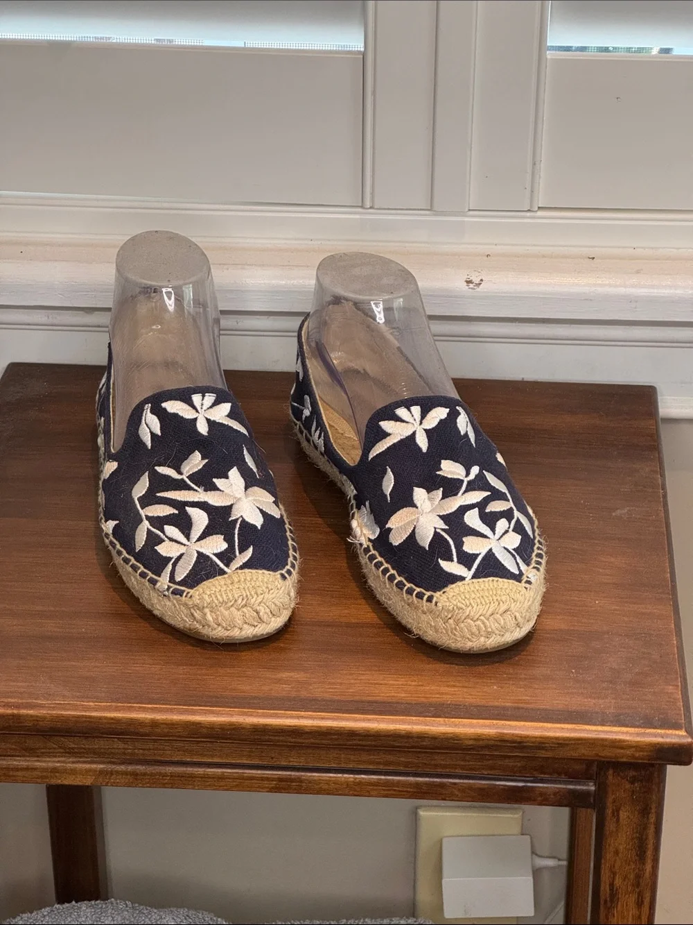 Soludos Navy Espadrilles with White Floral Embroidery